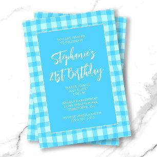 Invitation Gingham Bleu Ondulé Été Anniversaire 21 Ans Gras