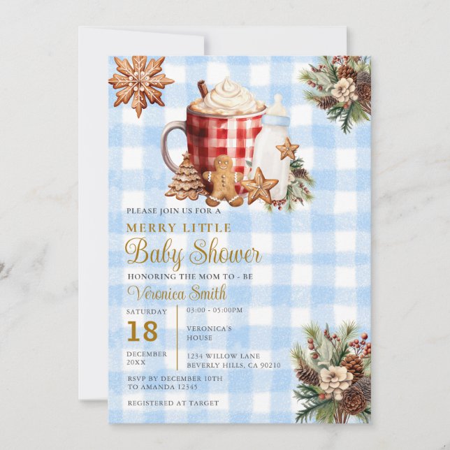 Invitation Gingham Bleu Une Baby Shower Joyeuse  (Devant)