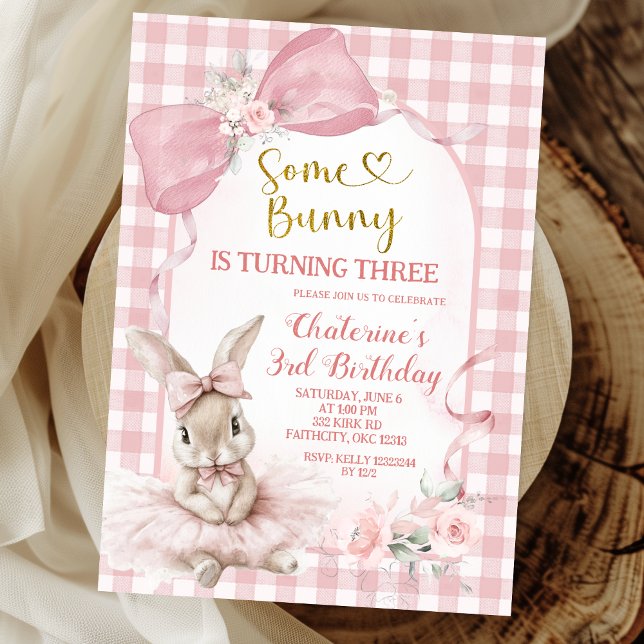 Invitation Gingham Blush Pink Floral Bow Bunny Ballerina (Créateur téléchargé)