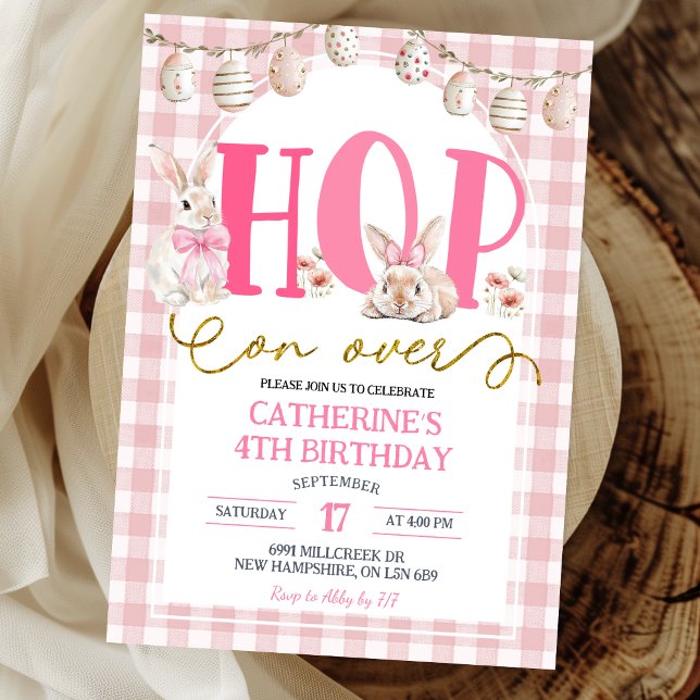 Invitation Gingham Boho Floral Hop sur Bunny Anniversaire (Créateur téléchargé)