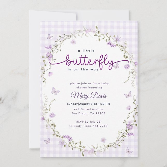 Invitation Gingham Boho Printemps Lavande Papillon Baby Showe (Devant)