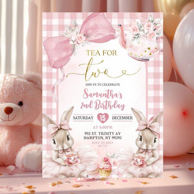 Invitation Gingham Bow Pink Bunny Tea Party Second Birthday I (Créateur téléchargé)