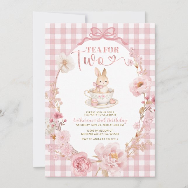 Invitation Gingham Bunny Tea Party Birthday Pink Bow (Devant)