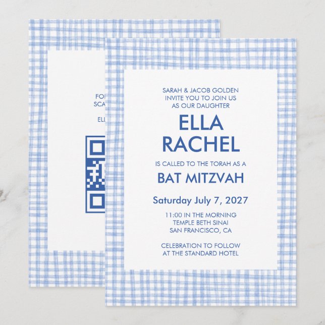 Invitation Gingham Chic Bar Mitzvah moderne CODE QR personnal (Devant / Derrière)