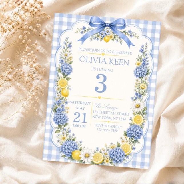Invitation Gingham Citron Élégant Hortensia Bleu Lemon (Gingham Summer Birthday Invite, Lemon Theme Invite, Hydrangea Theme Invite)