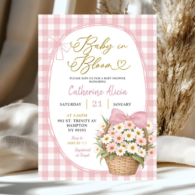 Invitation Gingham Coquette Bébé Fleur en Baby Shower (Créateur téléchargé)