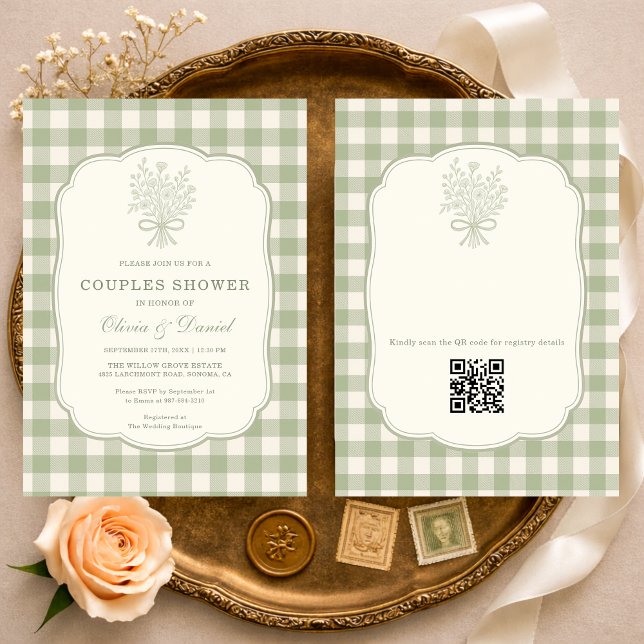 Invitation Gingham Couples Shower Floral Bow QR Code (Créateur téléchargé)