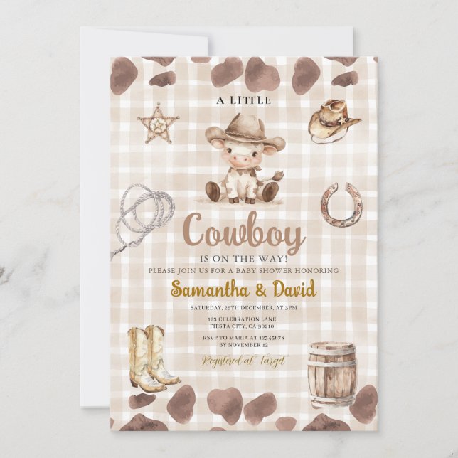 Invitation Gingham Cowboy arrive Baby Shower  (Devant)