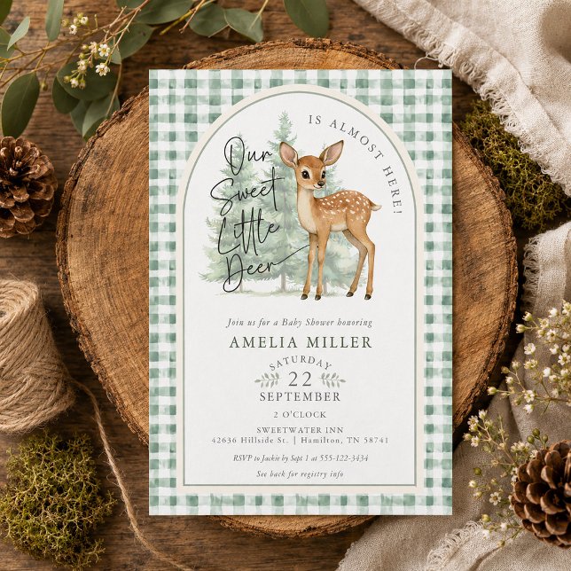 Invitation Gingham Douce Biche Fête de Naissance Mixte (Gingham Sweet Deer Gender Neutral Baby Shower Invitation)