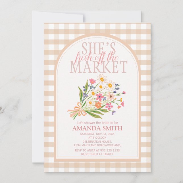Invitation Gingham Elle est fraîche sur le marché Enterrement (Devant)
