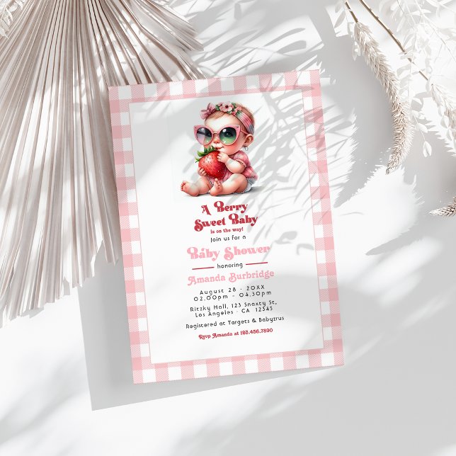 Invitation Gingham et Fraise Douce Baby Shower (Gingham and Strawberry Berry Sweet Baby Shower Invitation)