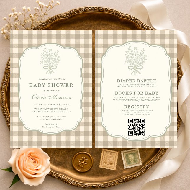 Invitation Gingham Fleurs Neutres Nœud Combinaison Bébé Showe (Créateur téléchargé)