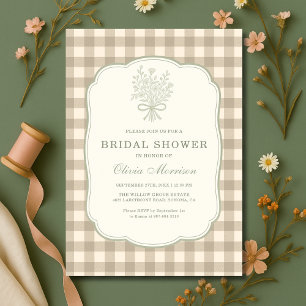 Invitation Gingham Floral Bow Beige Ivoire Enterrement de Vie