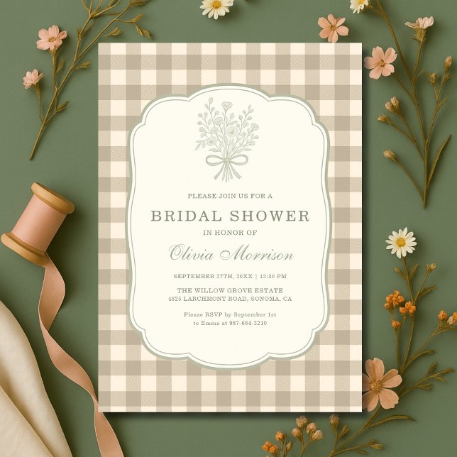 Invitation Gingham Floral Bow Beige Ivoire Enterrement de Vie (Créateur téléchargé)