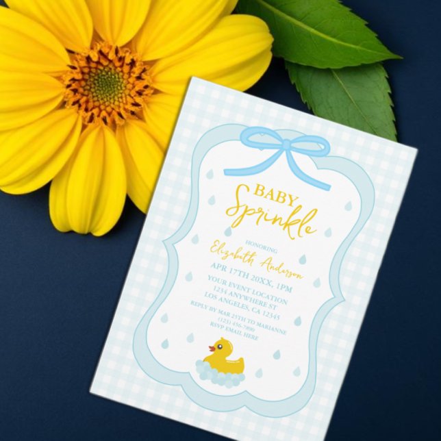 Invitation Gingham Garçon Bébé Sprinkle Gouttelettes d'Eau (Créateur téléchargé)