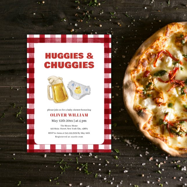 Invitation Gingham Huggies Chuggies Beer & Diaper Baby Shower (Gingham Huggies Chuggies Beer & Diaper Baby Shower Invitation)