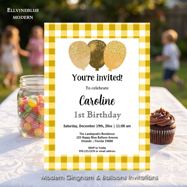 Invitation Gingham Jaune, Ballons de Fête 1er Anniversaire (Yellow gingham balloon invitations! For 1st Birthday or any birthday. Size 5” x 7”.)