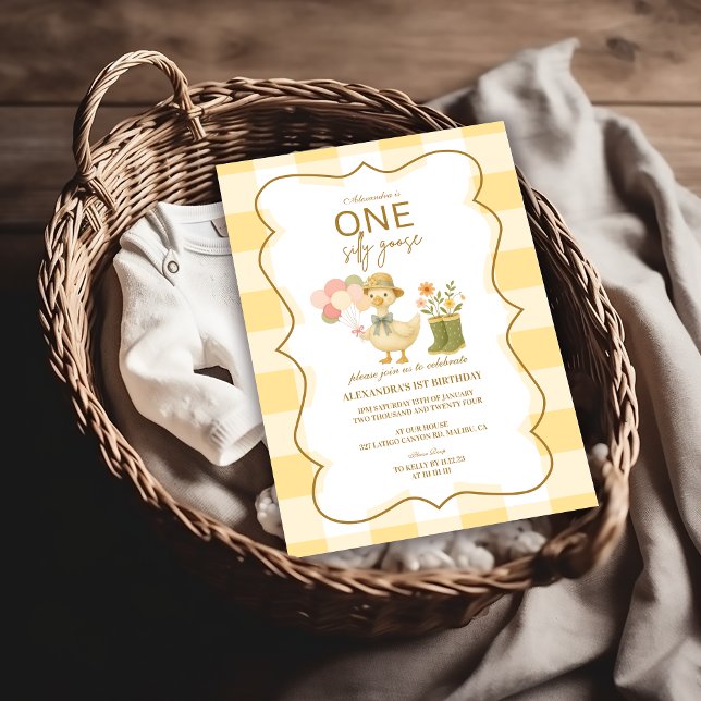 Invitation Gingham Jaune Oie Ridicule 1er Anniversaire (Créateur téléchargé)