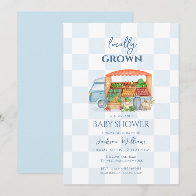 Invitation Gingham Locally grown Veggies Truck Baby Shower (Devant / Derrière)