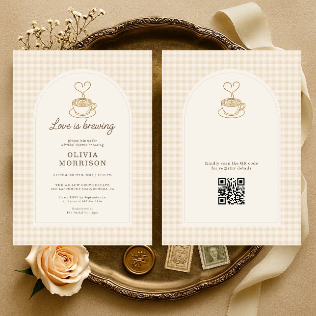 Invitation Gingham Love is Brewing QR Code Bridal Shower (Créateur téléchargé)