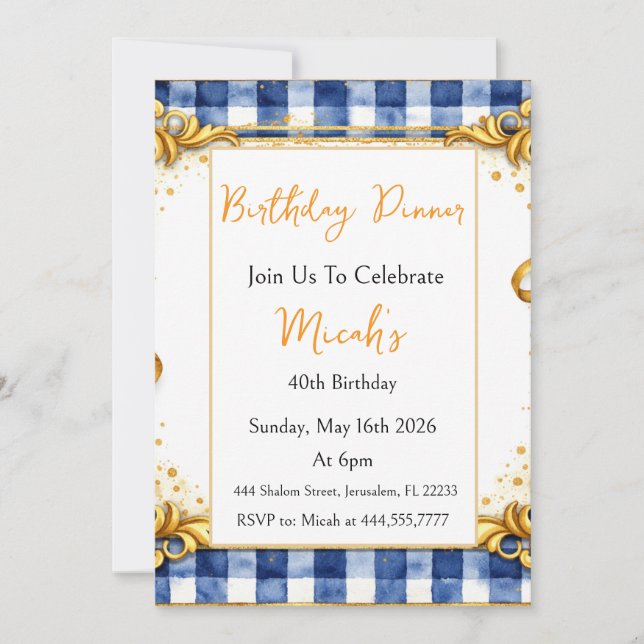 Invitation Gingham Luxe Moderne Tendance Chic Bleu Blanc Or (Devant)