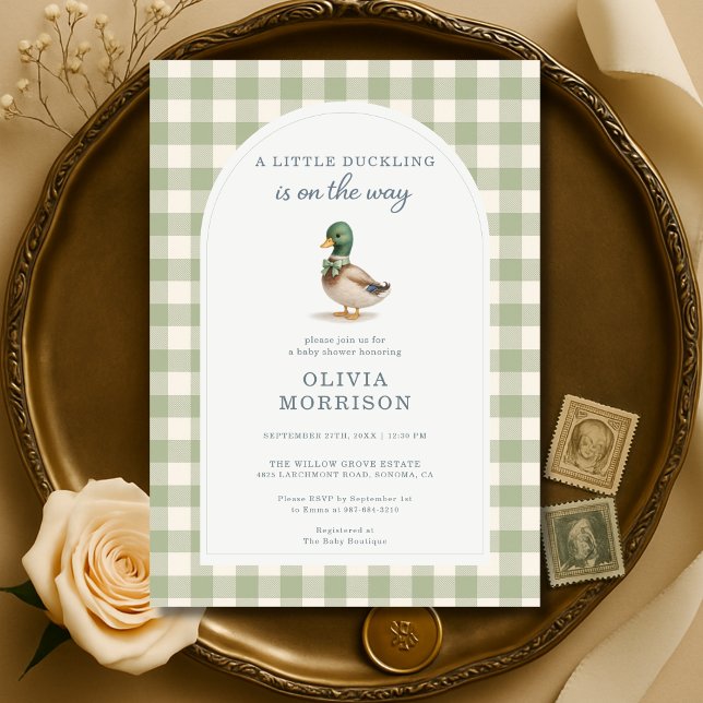 Invitation Gingham Mallard Duck Bow Sage Green Baby Shower (Créateur téléchargé)