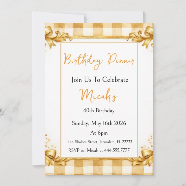 Invitation Gingham Or Beige Blanc Luxe Moderne Tendance Chic (Devant)