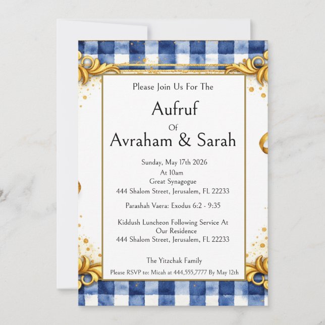 Invitation Gingham Or Bleu Blanc, Aufruf Juif, Luxe (Devant)