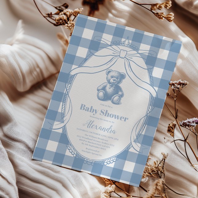 Invitation Gingham Ours en peluche bébé French Shower (Créateur téléchargé)