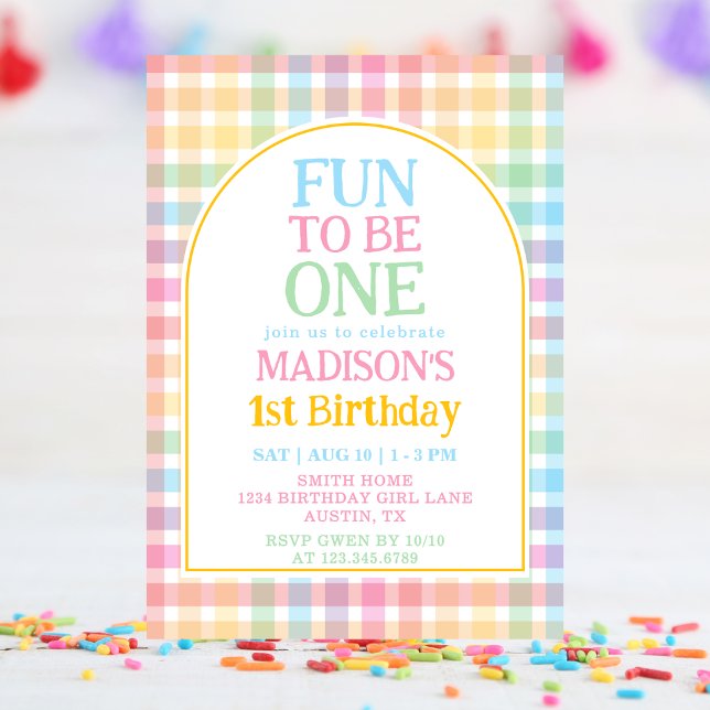 Invitation Gingham Pastel Amusant pour son 1er Anniversaire (Créateur téléchargé)