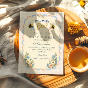 Invitation Gingham personnalisé Quelle sera-t-elle abeille
