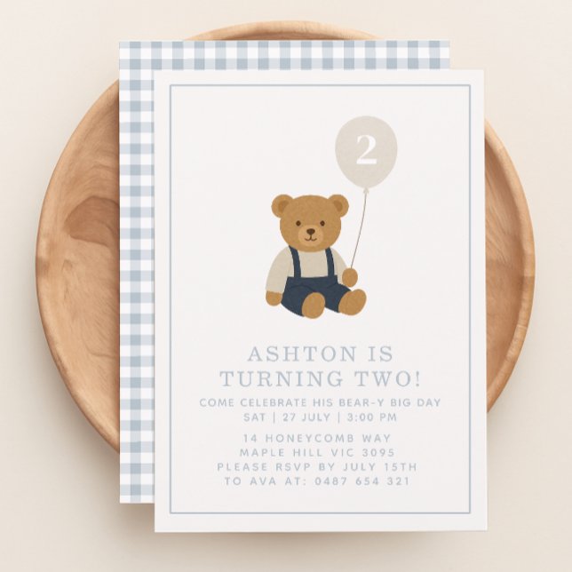 Invitation Gingham, petit ours anniversaire  (Créateur téléchargé)