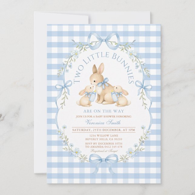 Invitation gingham pour Baby Shower Deux Petits La (Devant)