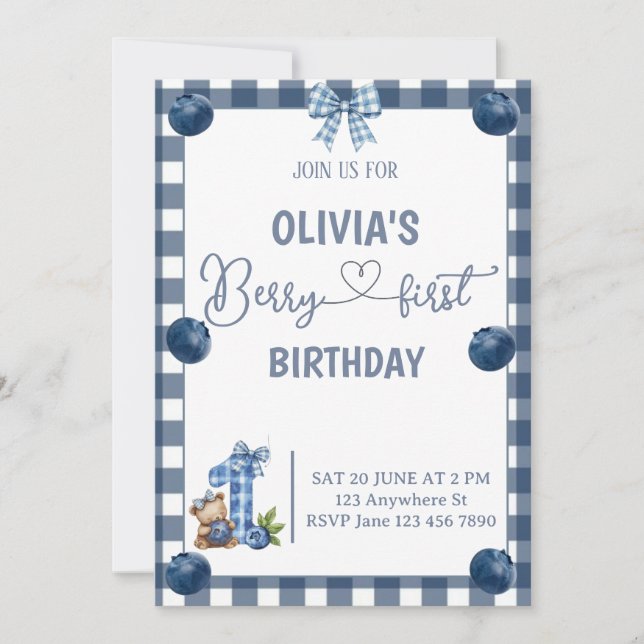 Invitation Gingham pour le premier anniversaire de (Devant)