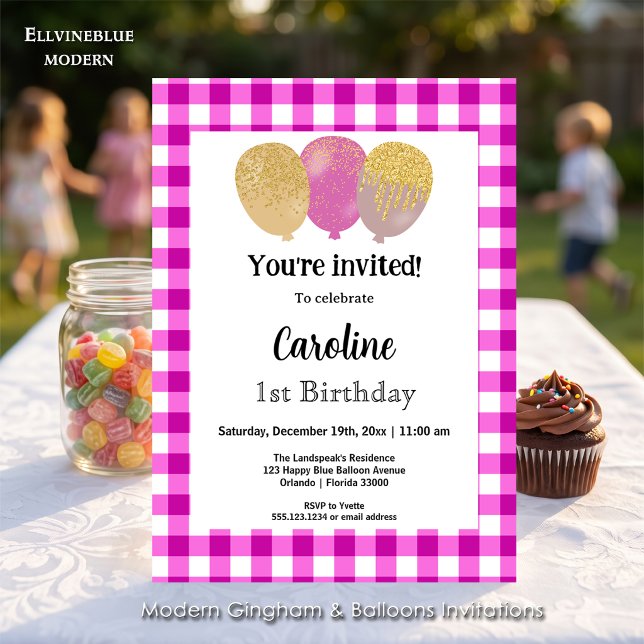 Invitation Gingham rose, Ballons de fête 1er anniversaire (Pink gingham balloon invitations! For 1st Birthday or any birthday. Size 5” x 7”.)
