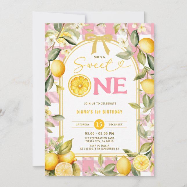 Invitation Gingham Rose Citron Doux Un 1er Anniversaire (Devant)
