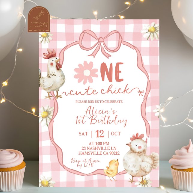 Invitation Gingham Rose Fleur Daisy Une Adorable Poulette 1er (Créateur téléchargé)