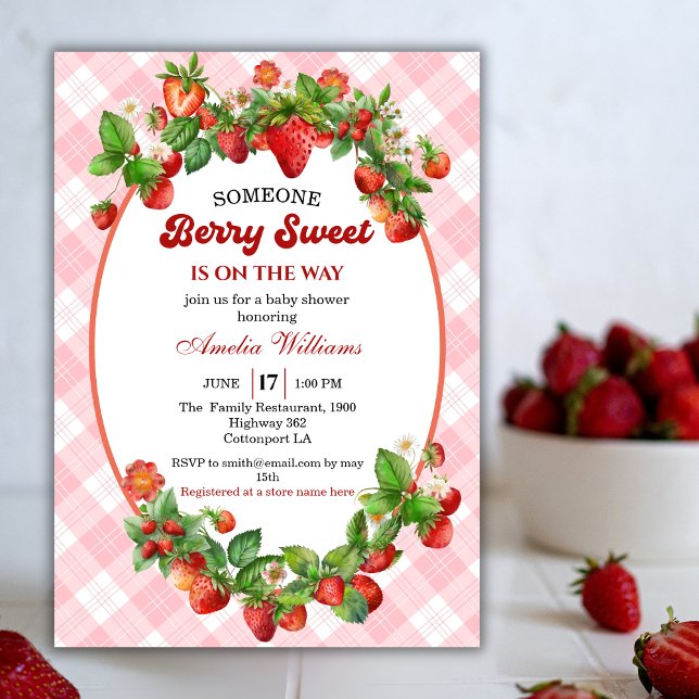 Invitation Gingham Rose Fraise Aquarelle Douce (Créateur téléchargé)