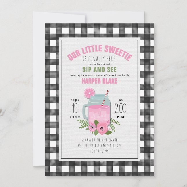 Invitation Gingham Rose Limonade Baby Girl Virtual Sip & See (Devant)