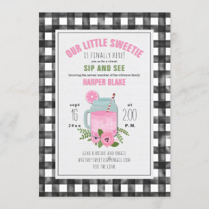 Invitation Gingham Rose Limonade Bébé Fille Visio Sip & See