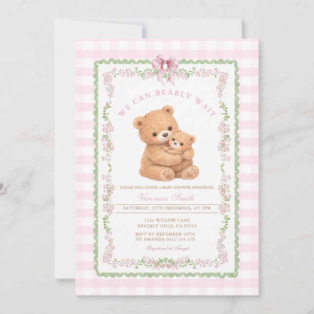 Invitation Gingham Rose Nous pouvons à peine attendre la Fête (Devant)