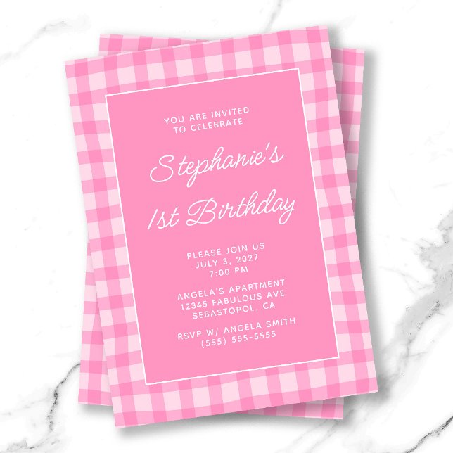 Invitation Gingham Rose Vague Été 1er Anniversaire (Wavy Pink Summer Gingham Bold 1st Birthday Invitation)