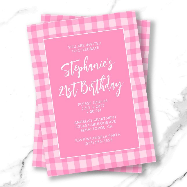 Invitation Gingham Rose Vague Été Anniversaire 21 Ans Gras (Wavy Pink Summer Gingham Bold 21st Birthday Invitation)