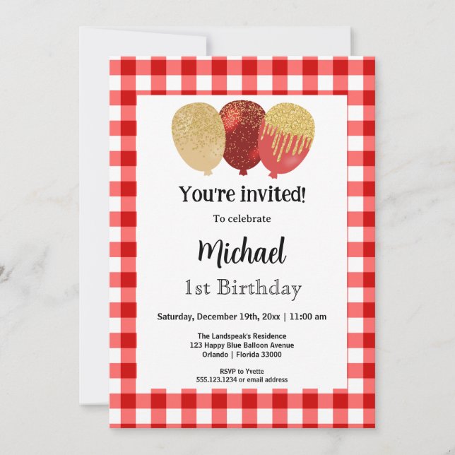 Invitation Gingham Rouge, Ballons de Fête 1er Anniversaire (Devant)