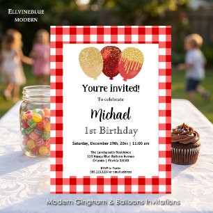 Invitation Gingham Rouge, Ballons de Fête 1er Anniversaire