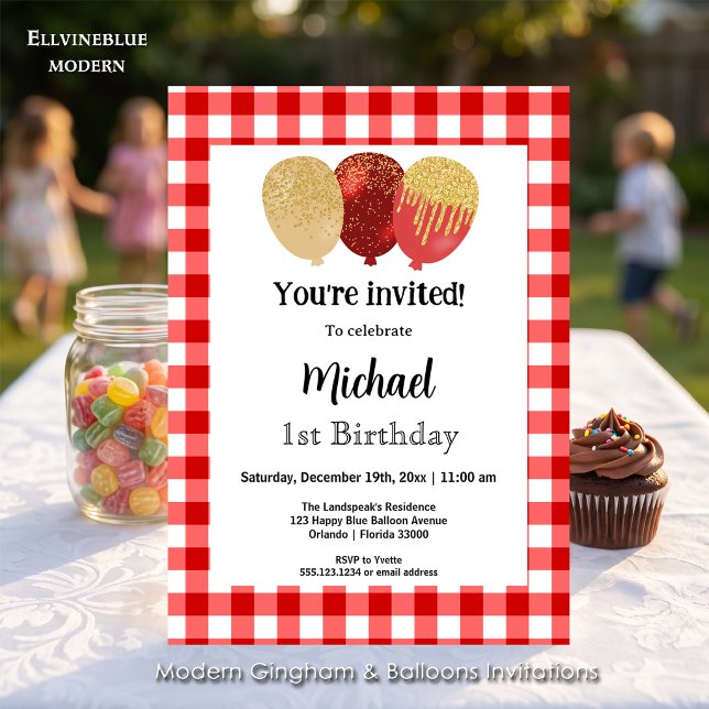 Invitation Gingham Rouge, Ballons de Fête 1er Anniversaire (Red gingham balloon invitations! For 1st Birthday or any birthday. Size 5” x 7”.)