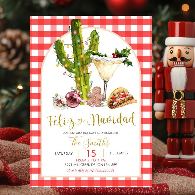 Invitation Gingham rouge Feliz Navidad Fête de Noël mexicaine (Créateur téléchargé)