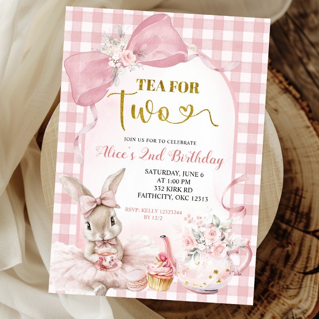 Invitation Gingham Rouge Floral Bow Lapin Thé Party (Créateur téléchargé)