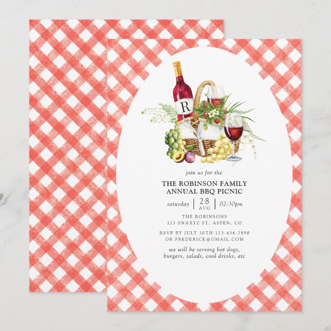 Invitation Gingham Rouge Rustique Monogramme BBQ Pique-Nique (Devant / Derrière)