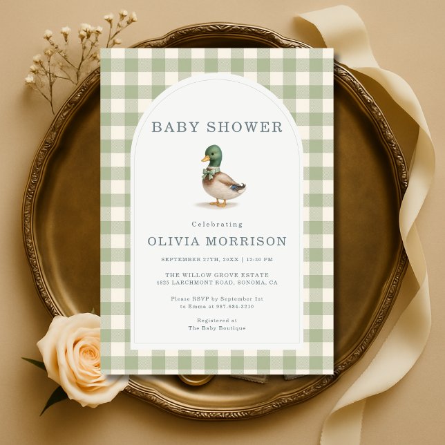Invitation Gingham Sage Green Mallard Duck Bow Baby Shower (Créateur téléchargé)